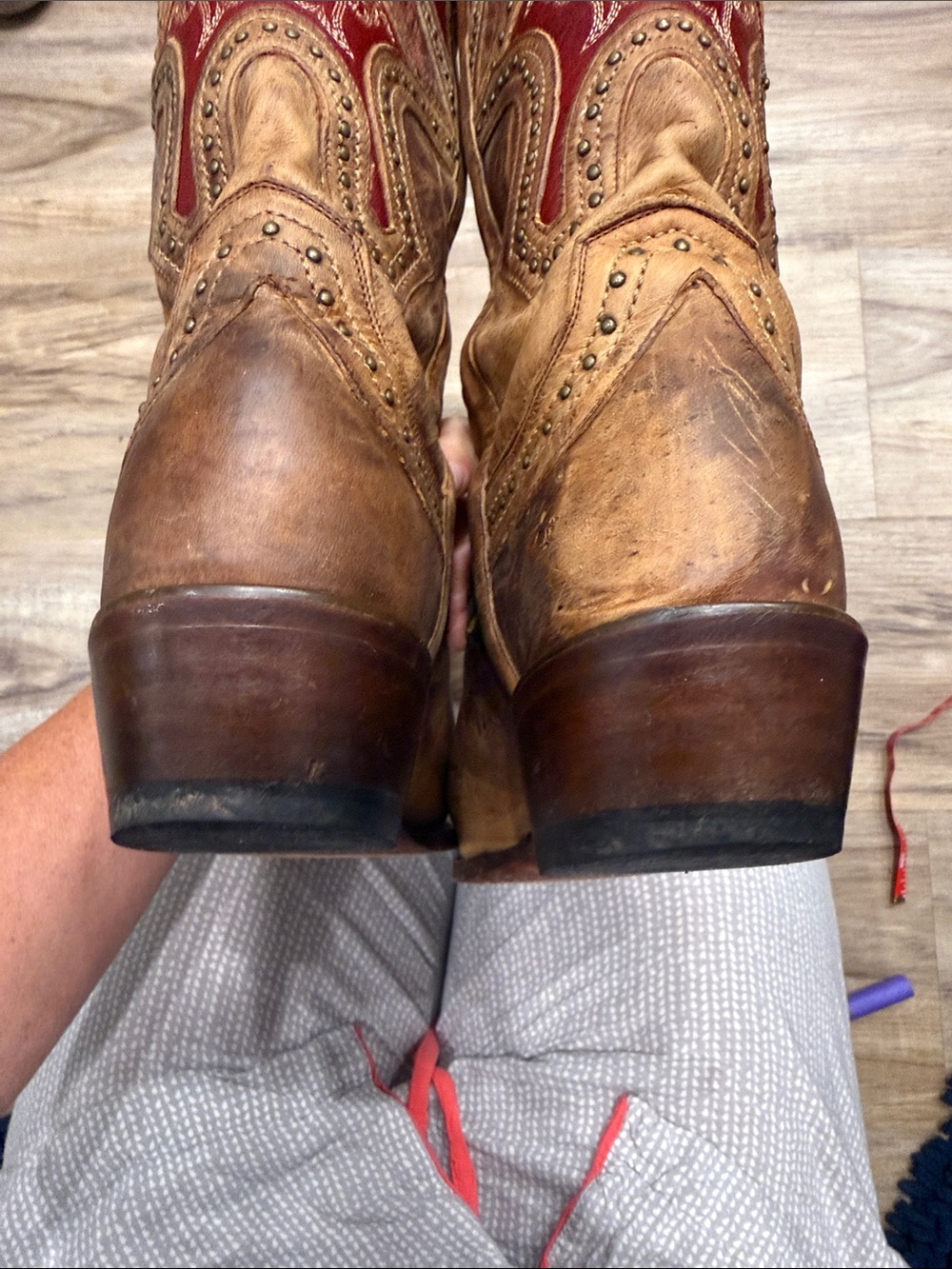 Lucchese Women's Brown Leather Cowboy Boots with Red Shaft - Picture 9 of 14